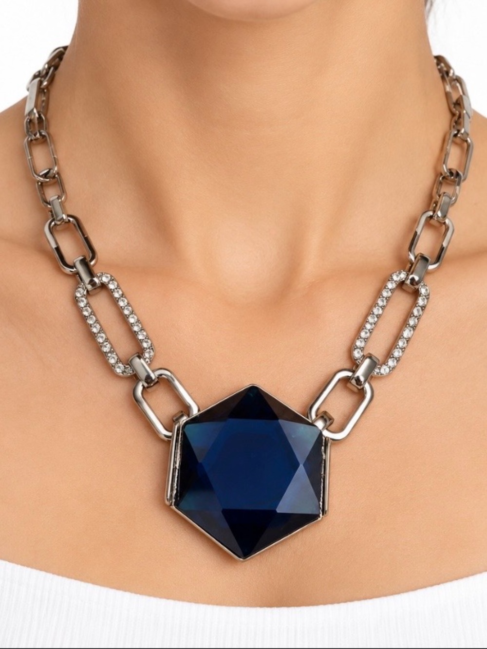 Macy's Silver-Tone Necklace with Deep Blue Hexagon Gem